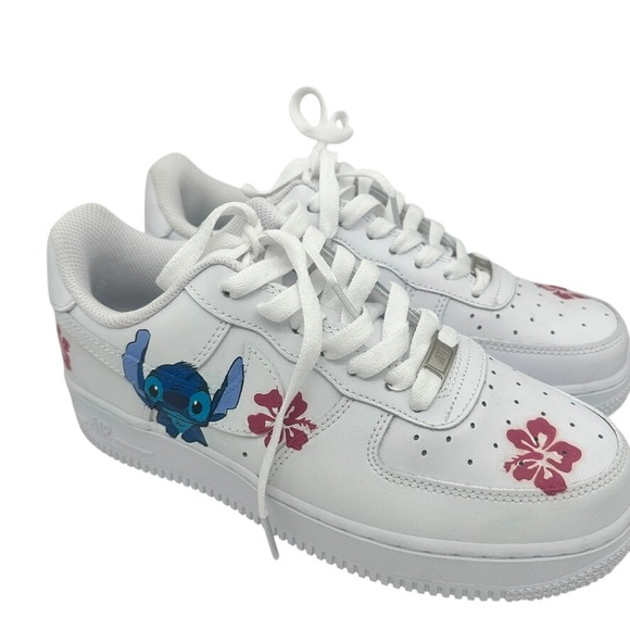 Custom Nike Air Force 1 White Stitch Hibiscus Sneakers Women's 8 - Picture 15 of 16
